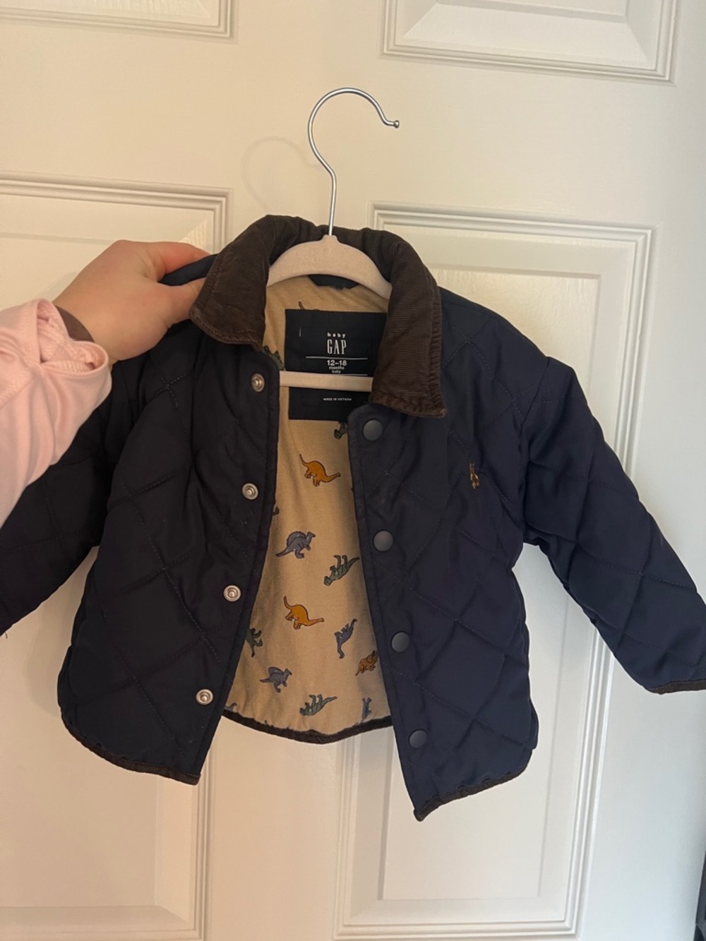GAP Navy Quilted Puffer Jacket with Brown Corduroy Collar